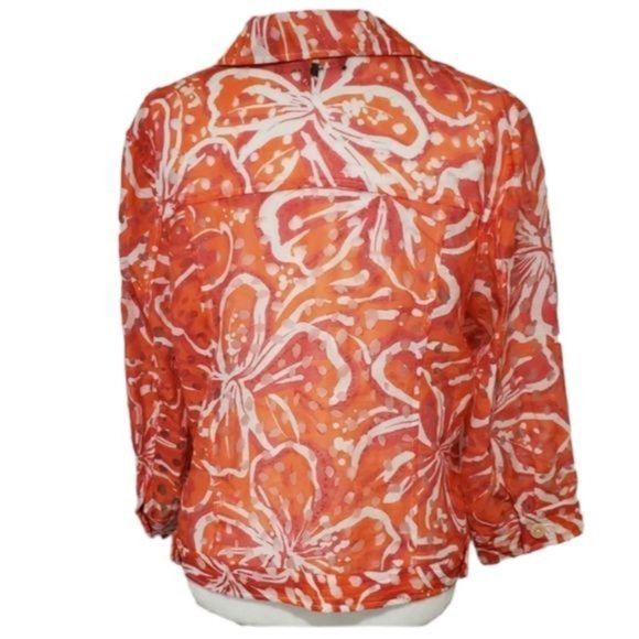 Linear Tropical Print Top Button Down Long Sleeve Sheer Blazer Size Md - Picture 3 of 9